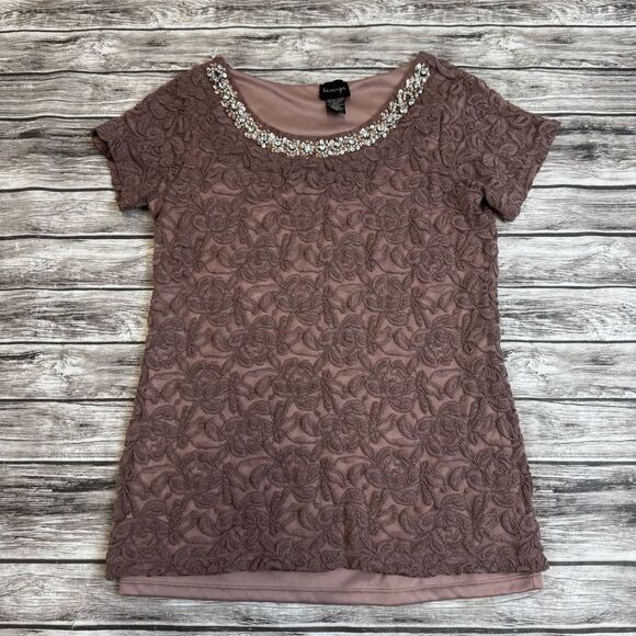la vanya Women's Lace Overlay Jeweled Neck Tee T Shirt S SM Small Purple Stretch - Picture 11 of 12
